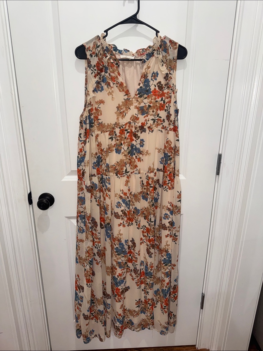 entro Beige Floral Maxi Dress with Blue & Rust Blooms